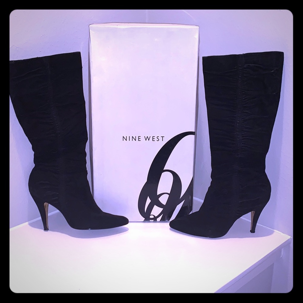 Ruched Nine West 4.5” stiletto calf high boots